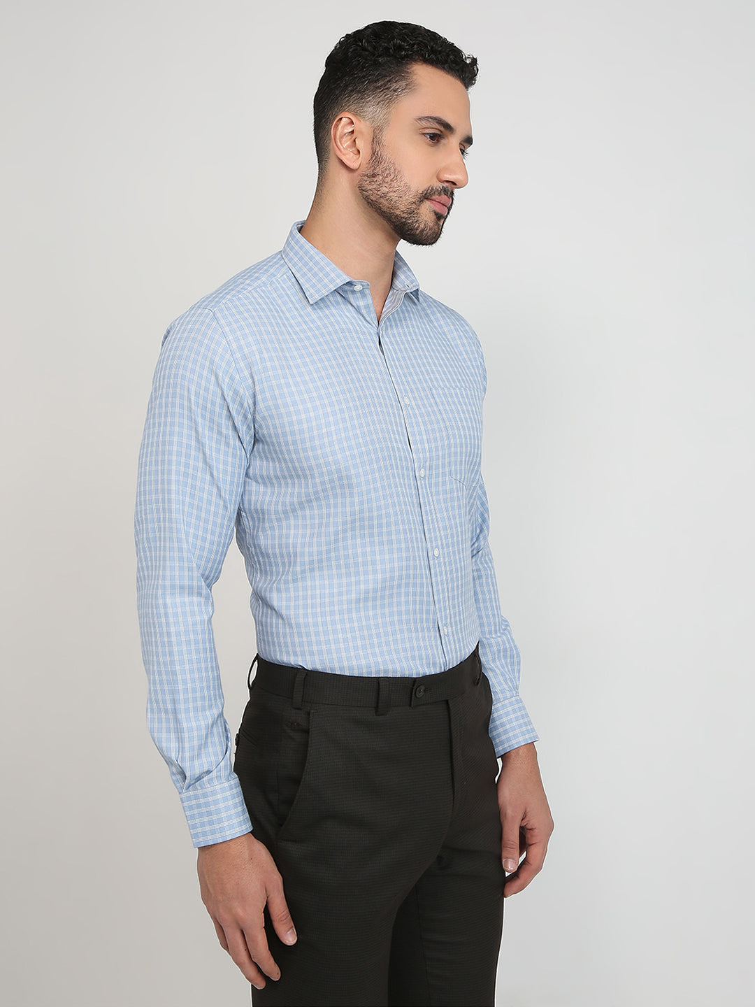 Park Avenue Men Blue Checks Slim Fit Cotton Blend Formal Shirt