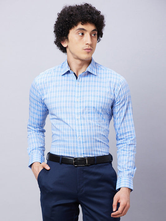 Park Avenue Men Blue Checkered Slim Fit Full Sleeve Semi Cut Away Collar Shirt