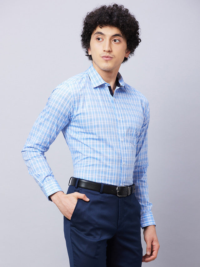 Park Avenue Men Blue Checkered Slim Fit Full Sleeve Semi Cut Away Collar Shirt