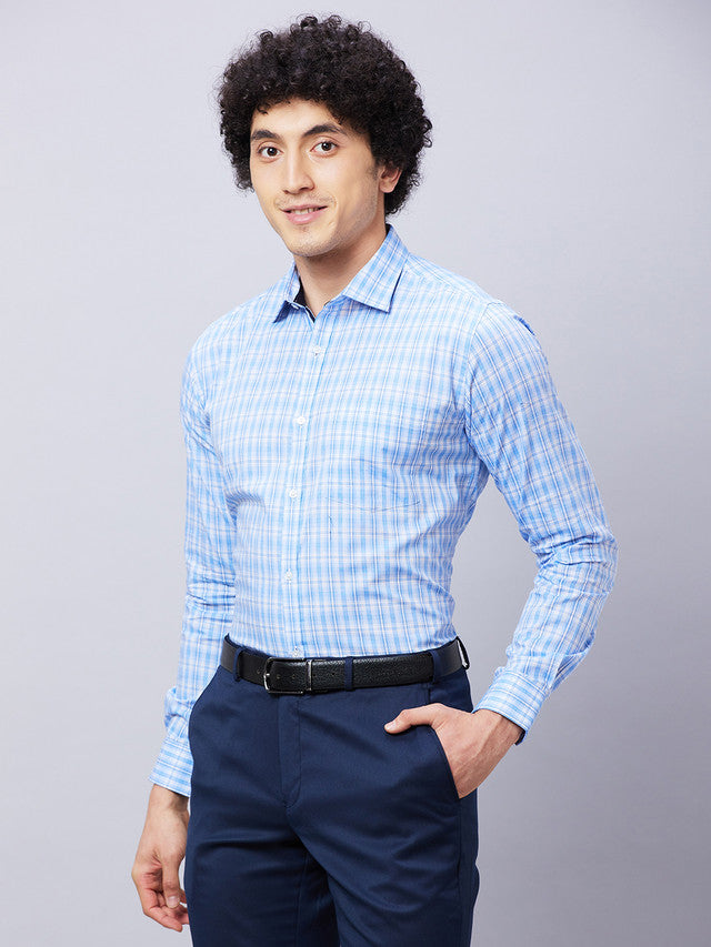 Park Avenue Men Blue Checkered Slim Fit Full Sleeve Semi Cut Away Collar Shirt