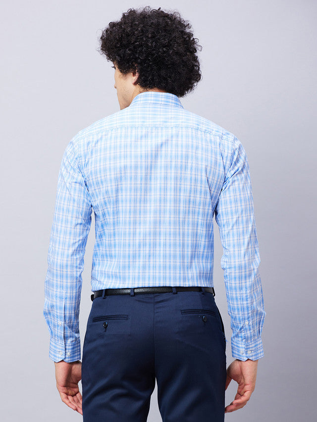 Park Avenue Men Blue Checkered Slim Fit Full Sleeve Semi Cut Away Collar Shirt