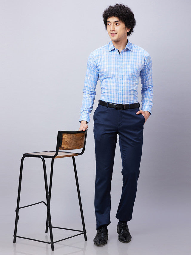 Park Avenue Men Blue Checkered Slim Fit Full Sleeve Semi Cut Away Collar Shirt