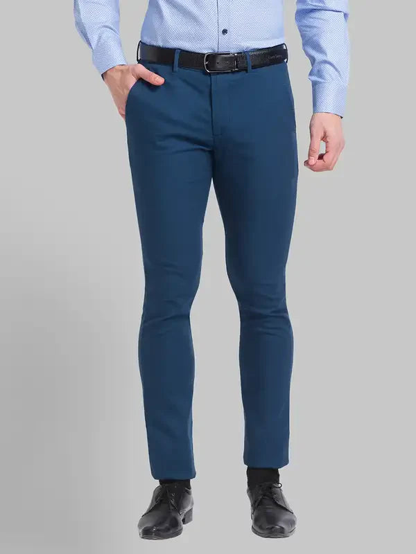 Men Blue Neo Classic Fit Solid Cotton Blend Trouser