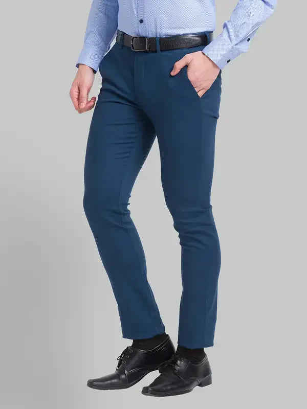 Men Blue Neo Classic Fit Solid Cotton Blend Trouser
