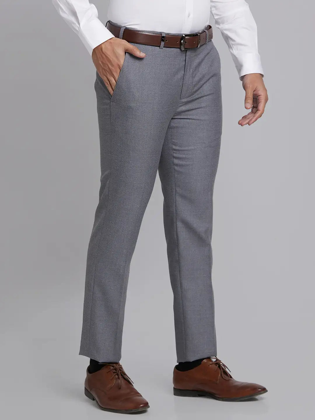 Men Grey Super Slim Fit Checks Polyester Blend Trouser