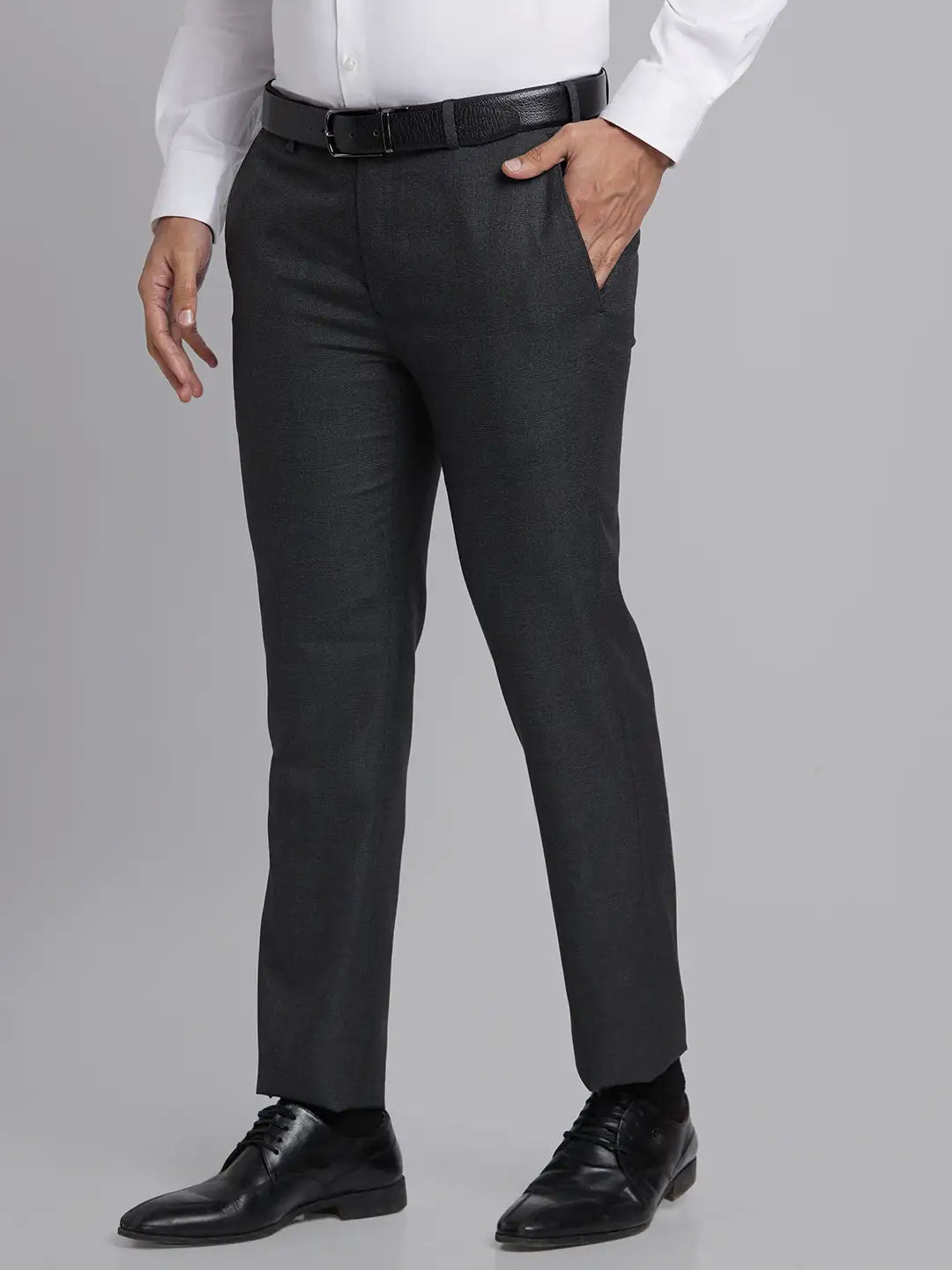 Men Grey Super Slim Fit Checks Polyester Blend Trouser