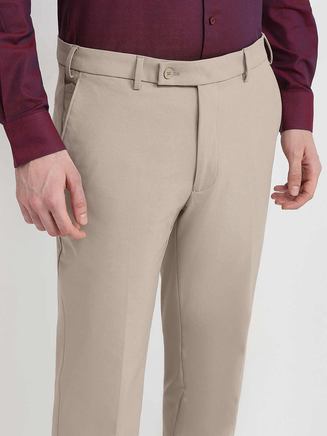Park Avenue Men Khaki Solid Slim Fit Polyester Blend Trouser