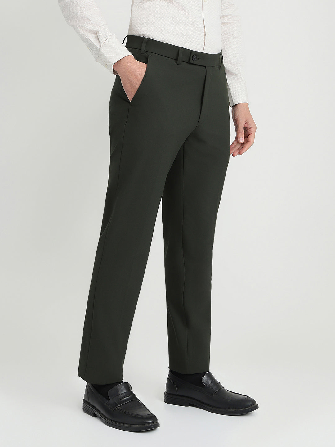 Park Avenue Men Green Solid Slim Fit Polyester Blend Trouser