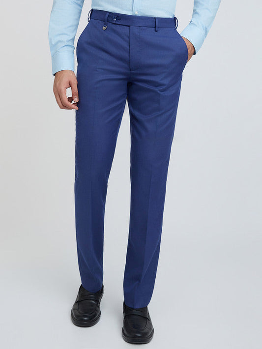 Men Blue Smart Fit Structure Polyester Blend Trouser