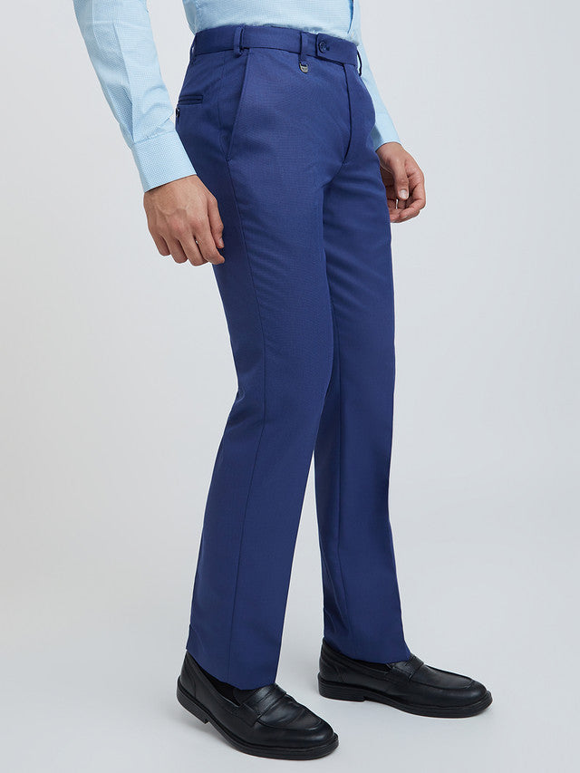 Men Blue Smart Fit Structure Polyester Blend Trouser