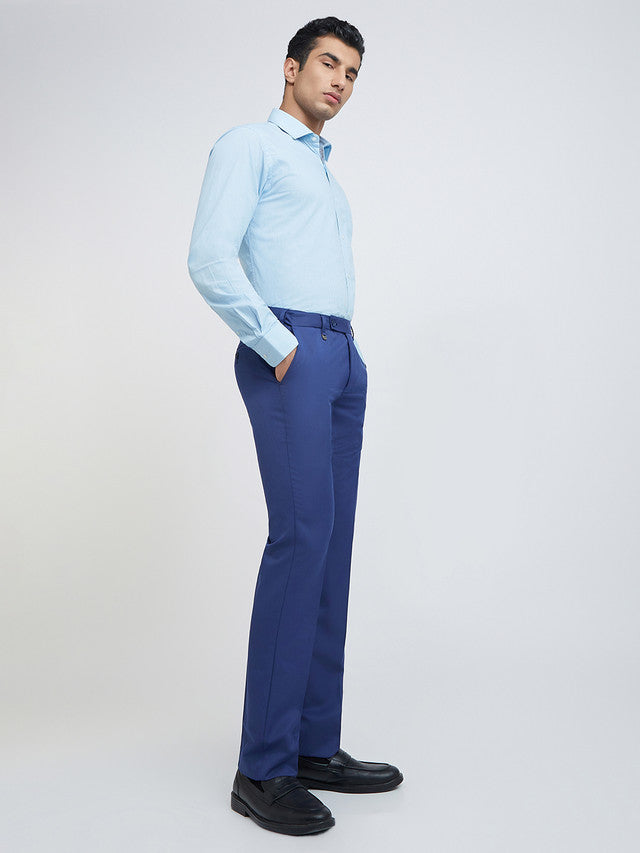 Men Blue Smart Fit Structure Polyester Blend Trouser