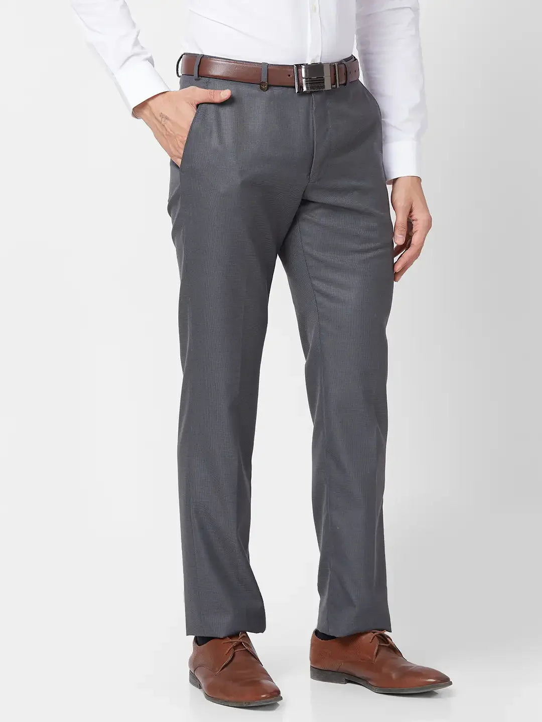 Park Avenue Men Grey Structure Smart Fit Polyester Blend Trouser