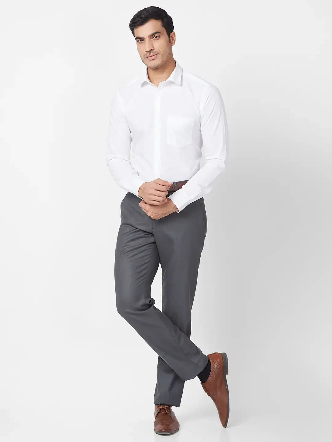 Park Avenue Men Grey Structure Smart Fit Polyester Blend Trouser