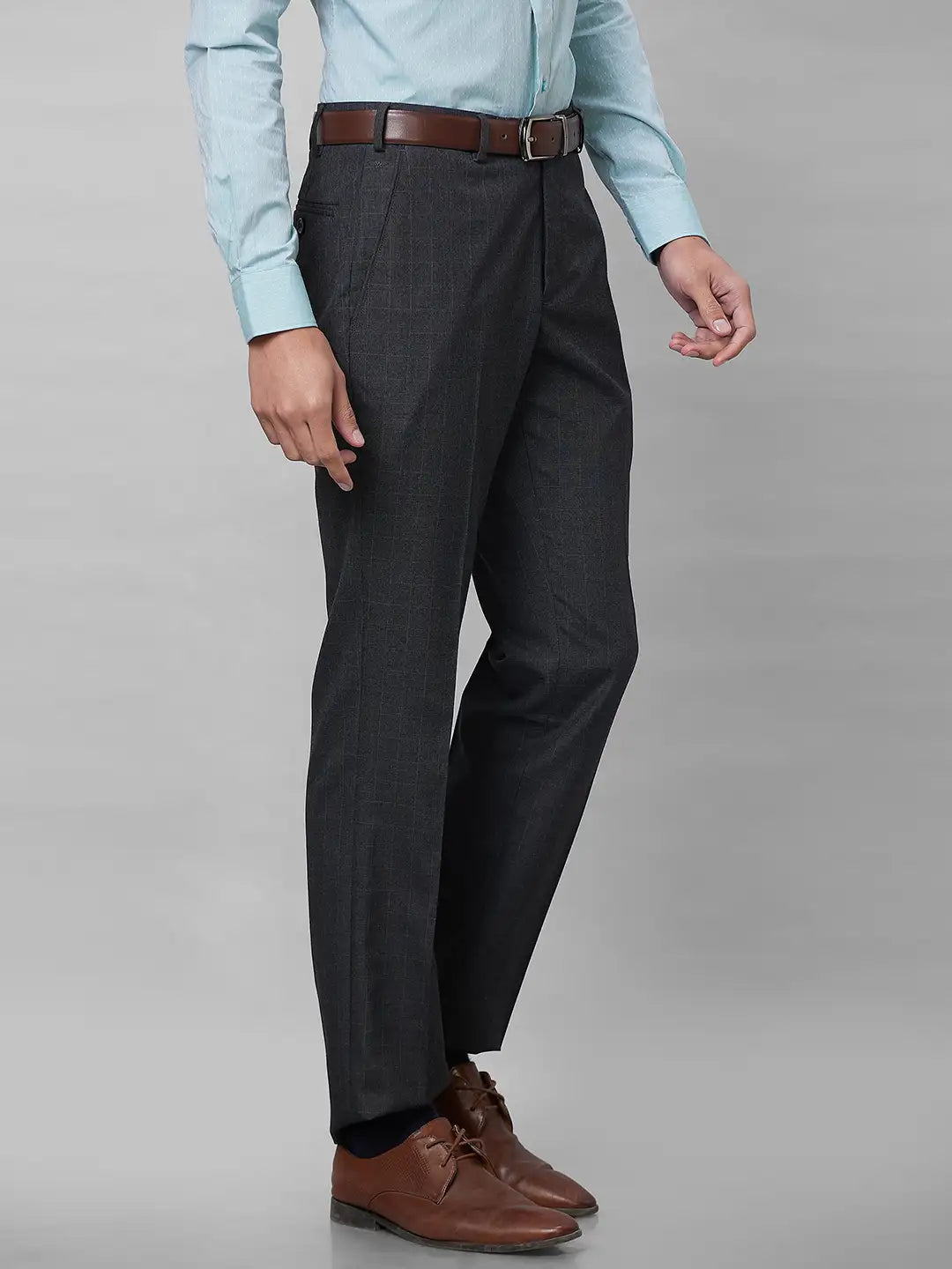 Park Avenue Men Grey Checks Smart Fit Polyester Blend Trousers