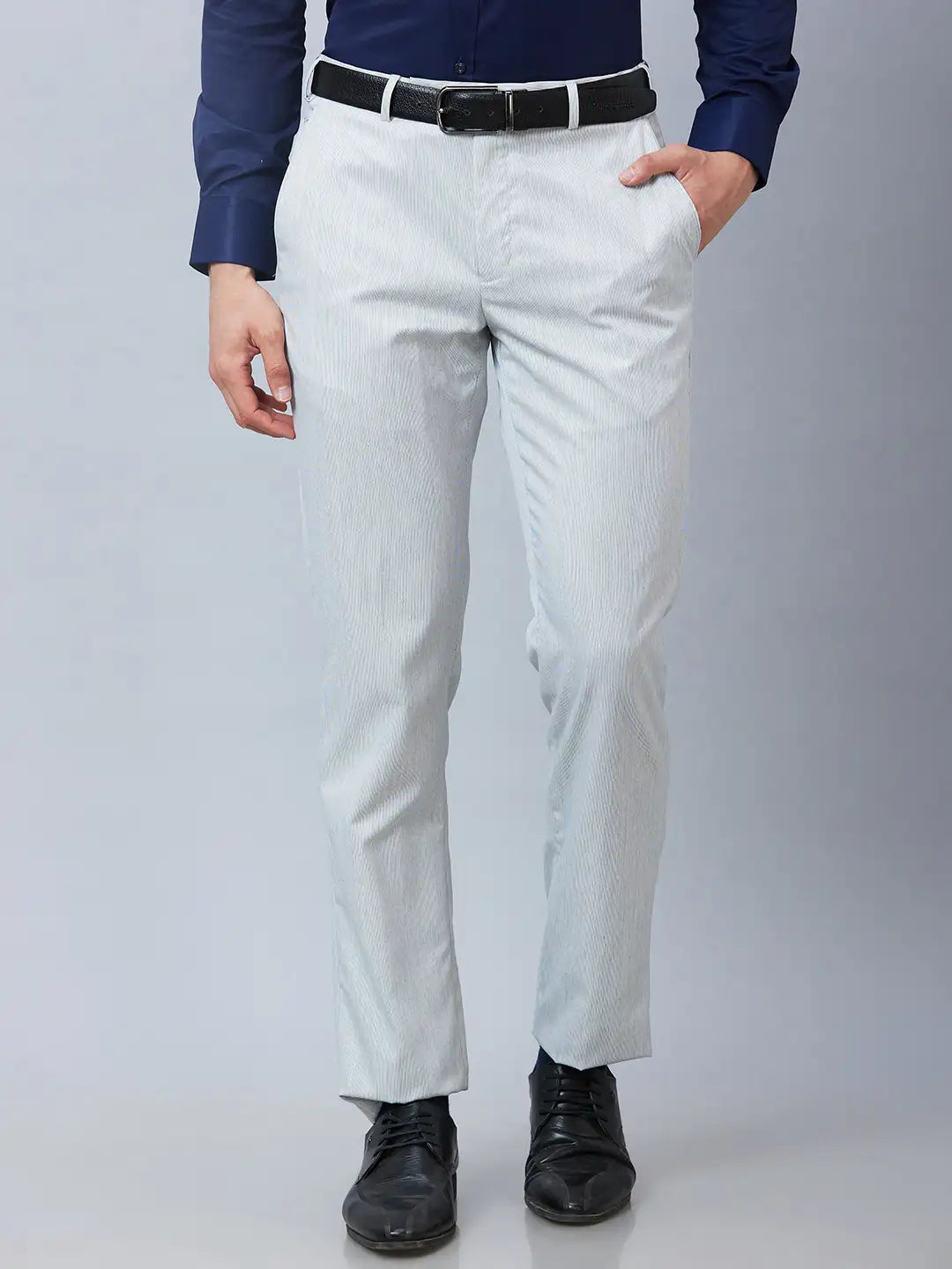 Park Avenue Men Grey Stripe Smart Fit Polyester Blend Trouser