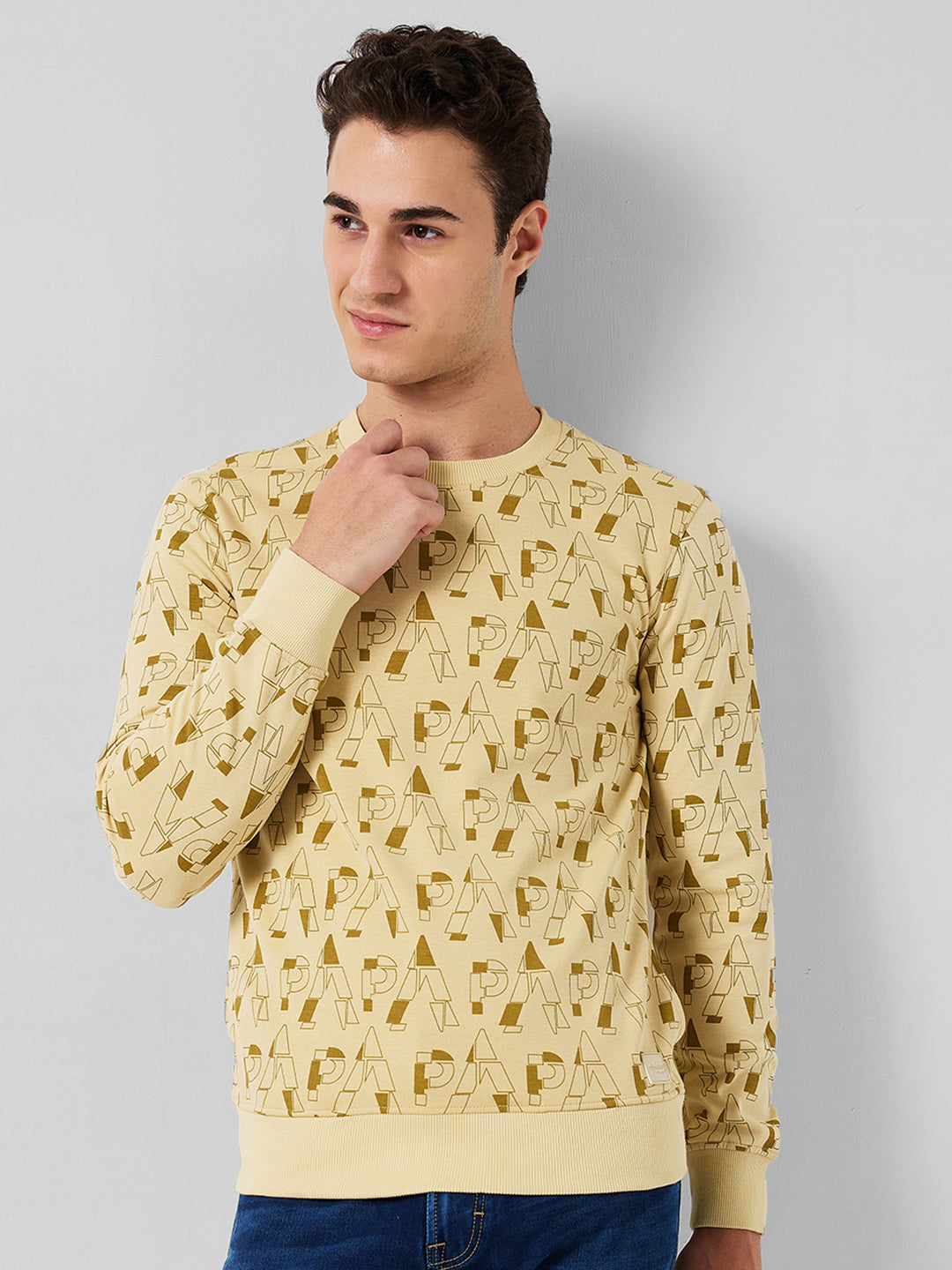 Park Avenue Men Yellow Printed Slim Fit Cotton Blend Sweatshirt