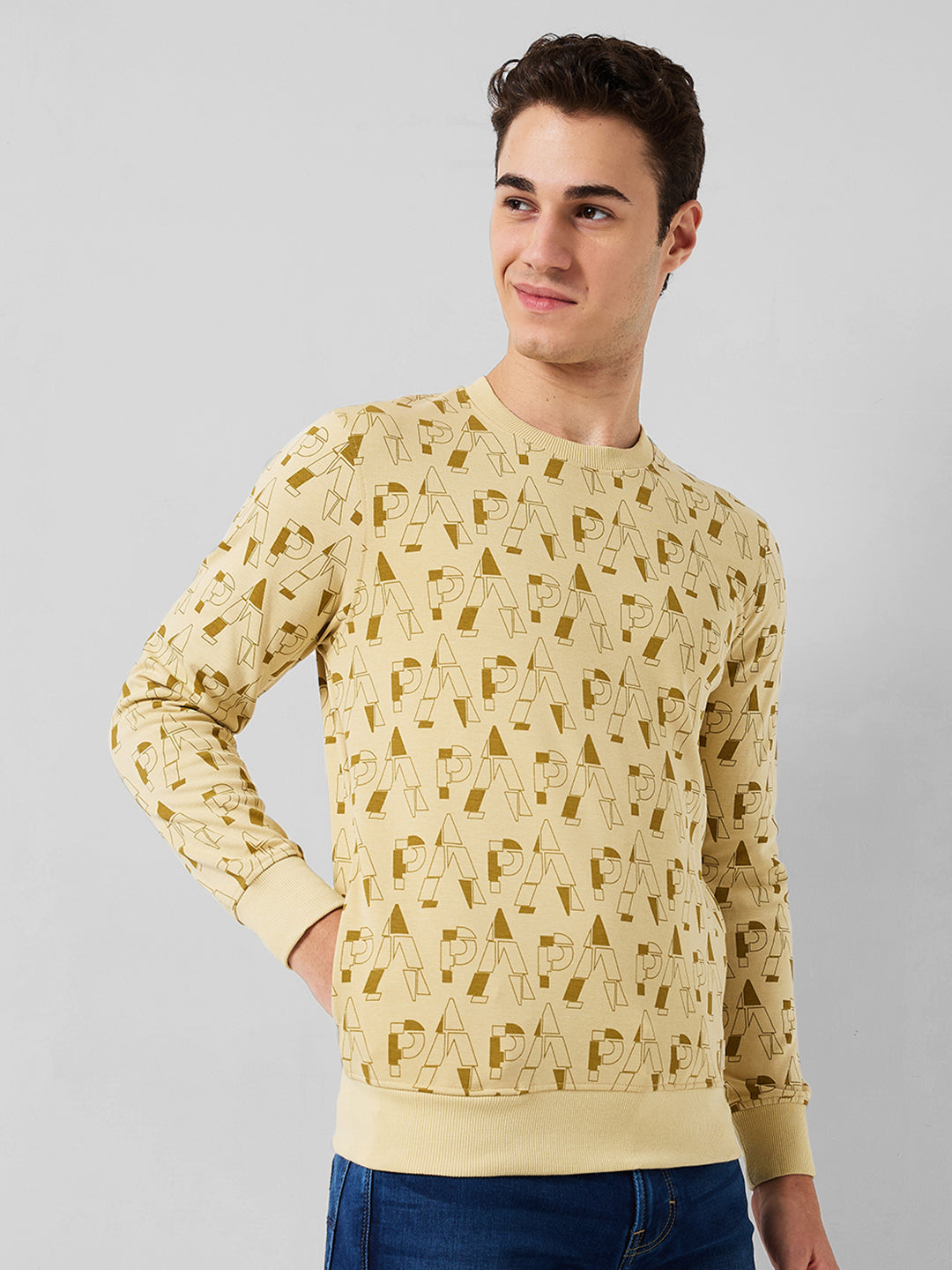 Park Avenue Men Yellow Printed Slim Fit Cotton Blend Sweatshirt