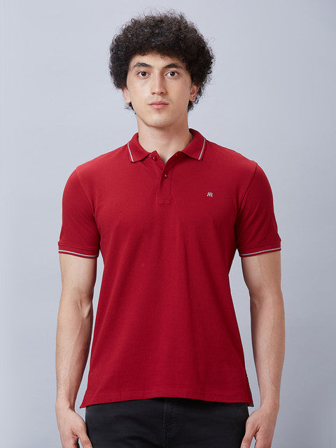 Raymond Men Red Solid Contemporary Fit Cotton T-Shirt