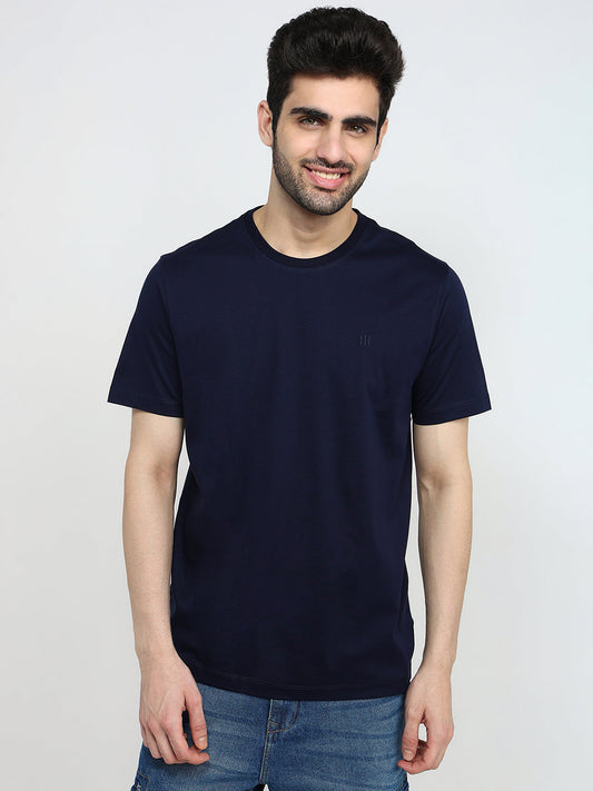 Raymond Men Blue Solid Regular Fit Cotton Half Sleeve T-Shirt