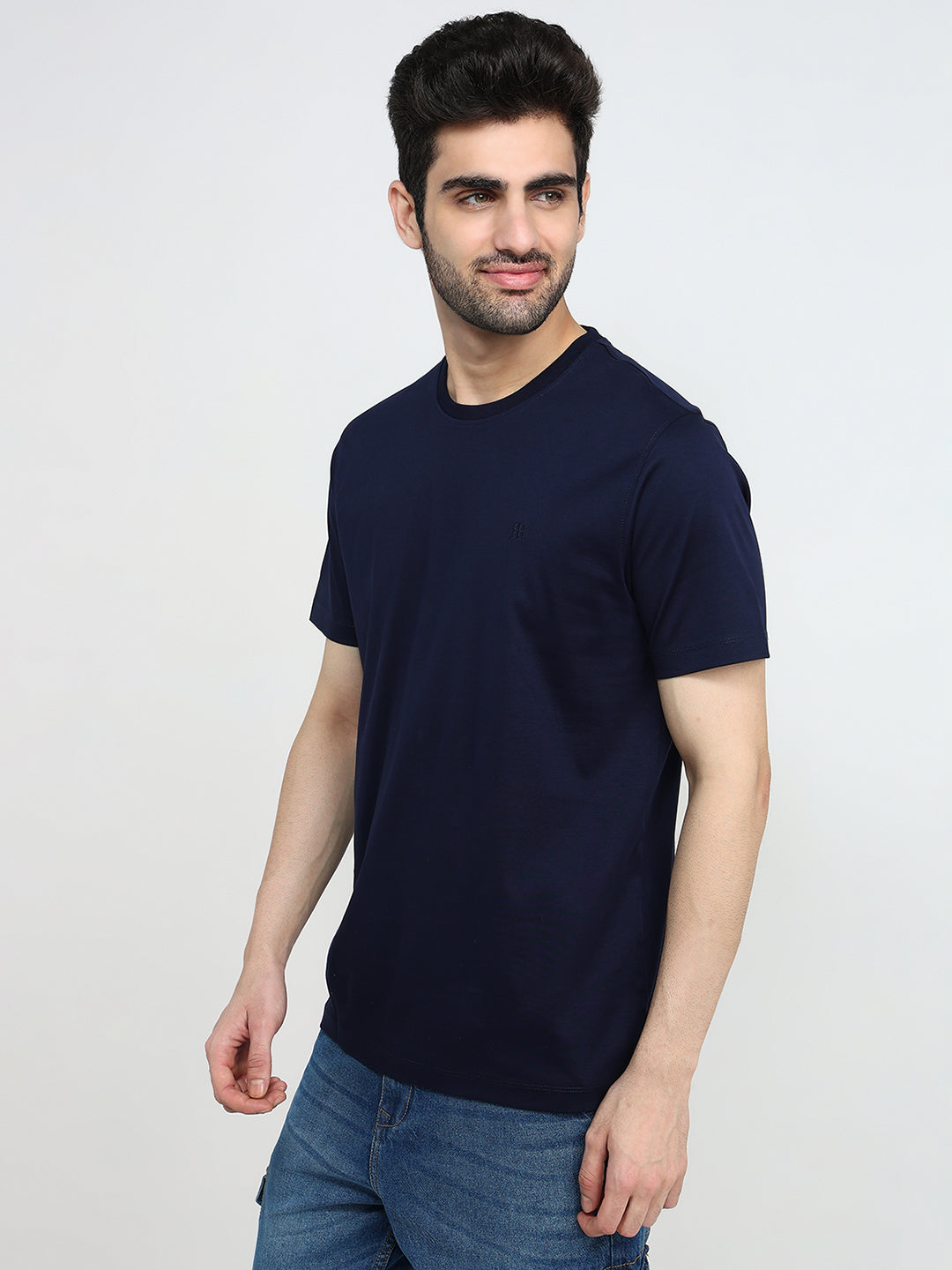 Raymond Men Blue Solid Regular Fit Cotton Half Sleeve T-Shirt