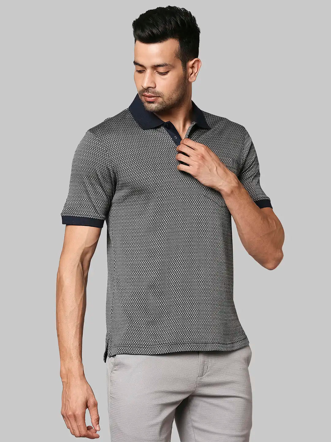 Raymond Men Blue Jacquard Contemporary Fit Cotton Half Sleeve T-Shirt