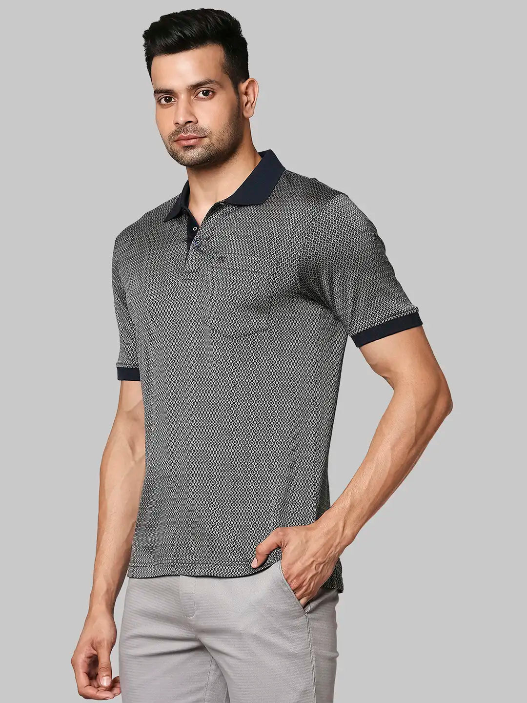 Raymond Men Blue Jacquard Contemporary Fit Cotton Half Sleeve T-Shirt