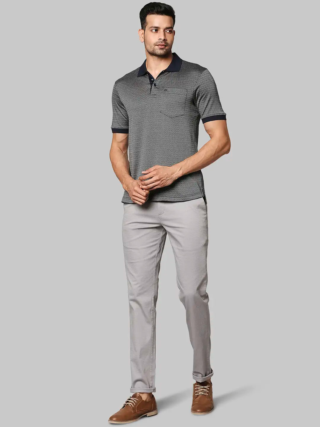 Raymond Men Blue Jacquard Contemporary Fit Cotton Half Sleeve T-Shirt