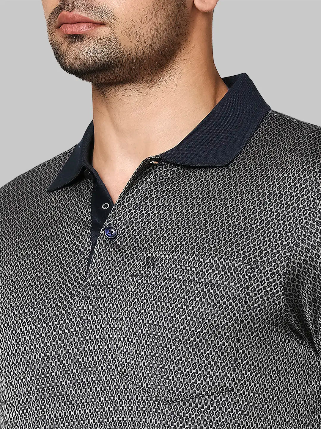 Raymond Men Blue Jacquard Contemporary Fit Cotton Half Sleeve T-Shirt