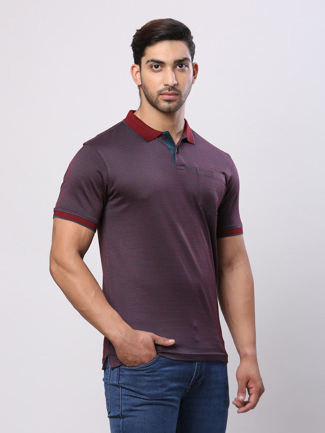 Raymond Maroon Jacquard Contemporary Fit Cotton T-Shirt