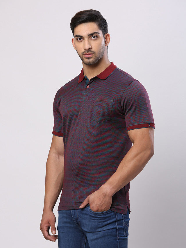 Raymond Maroon Jacquard Contemporary Fit Cotton T-Shirt