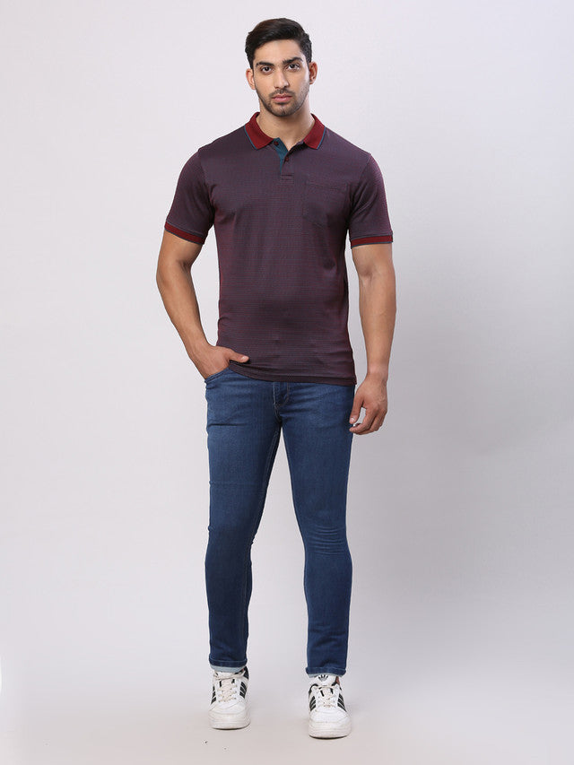 Raymond Maroon Jacquard Contemporary Fit Cotton T-Shirt