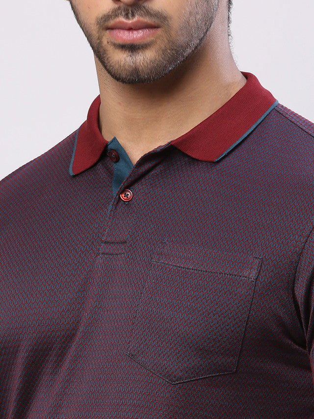 Raymond Maroon Jacquard Contemporary Fit Cotton T-Shirt