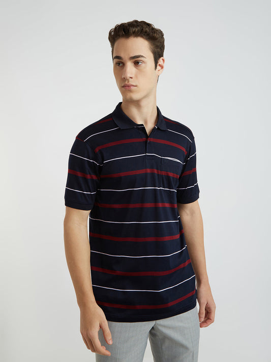 Raymond Men Blue Stripe Contemporary Fit Cotton T-Shirt
