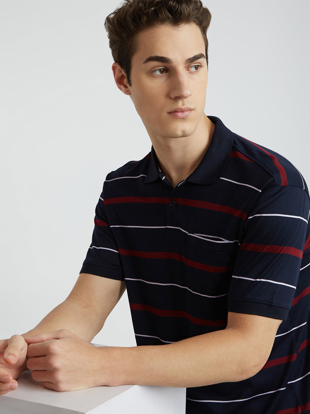Raymond Men Blue Stripe Contemporary Fit Cotton T-Shirt