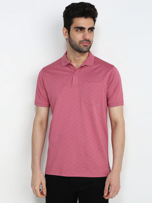 Raymond Men Red Jacquard Regular Fit Cotton Half Sleeve T-Shirt