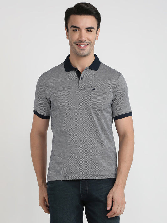 Raymond Men Blue Jacquard Regular Fit Cotton Half Sleeve T-Shirt