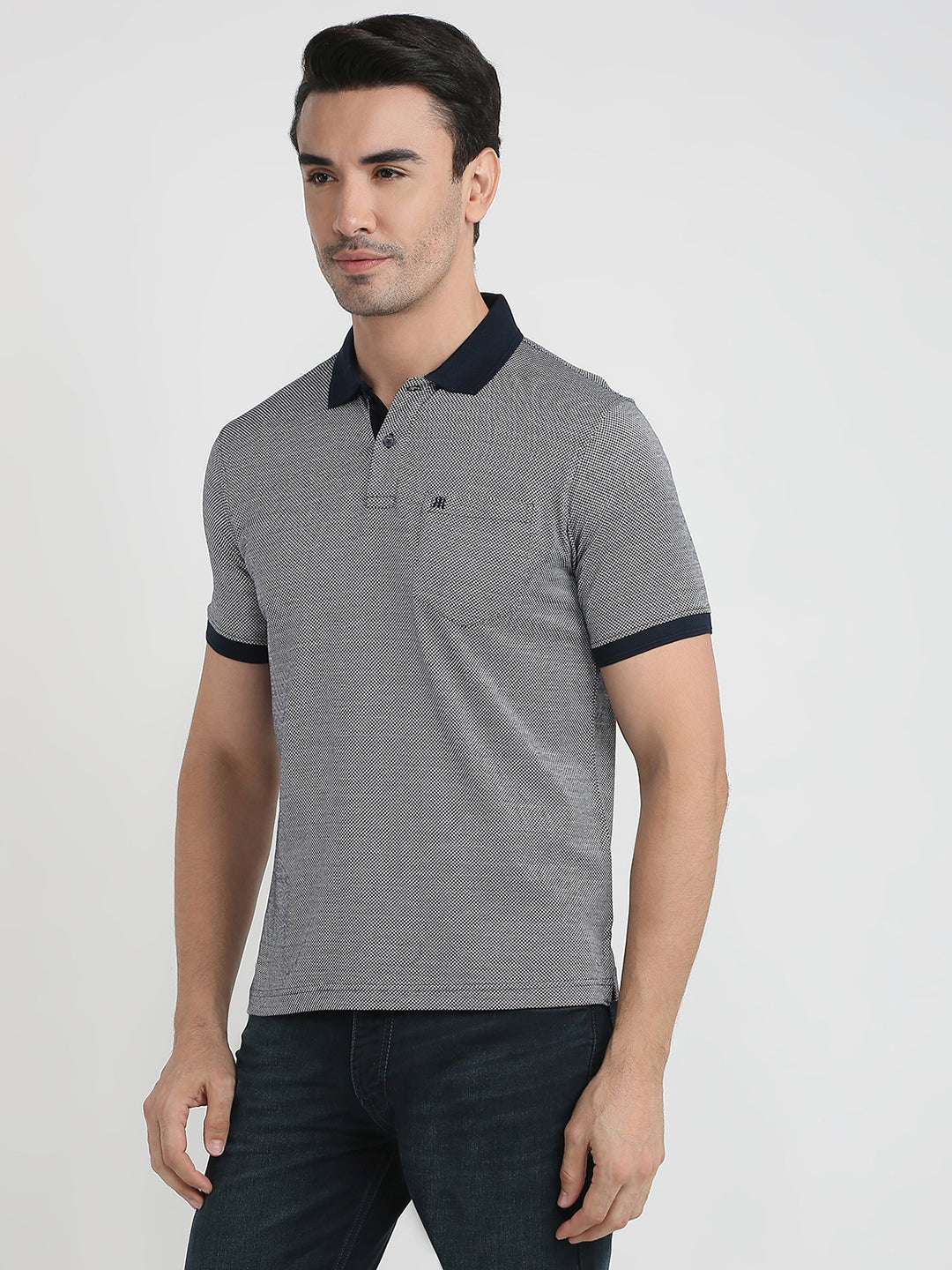 Raymond Men Blue Jacquard Regular Fit Cotton Half Sleeve T-Shirt