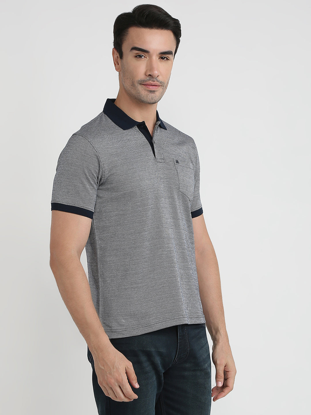 Raymond Men Blue Jacquard Regular Fit Cotton Half Sleeve T-Shirt