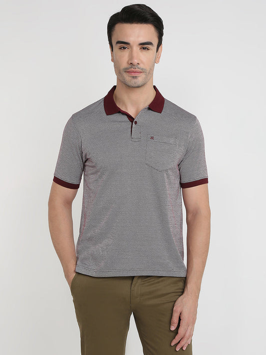 Raymond Men Maroon Jacquard Regular Fit Cotton Half Sleeve T-Shirt
