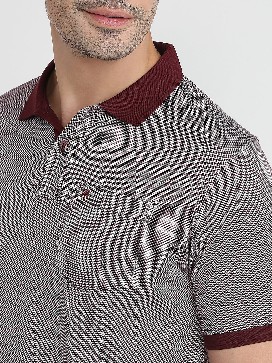 Raymond Men Maroon Jacquard Regular Fit Cotton Half Sleeve T-Shirt