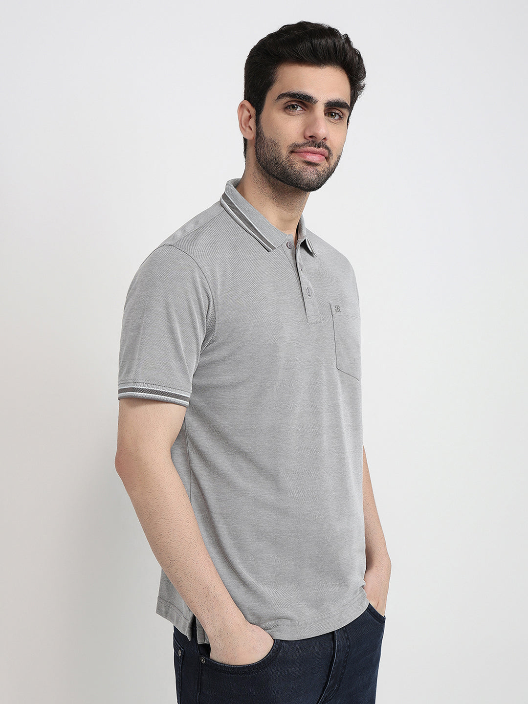 Raymond Men Grey Two Tone Regular Fit Polyester Blend Half Sleeve T-Shirt