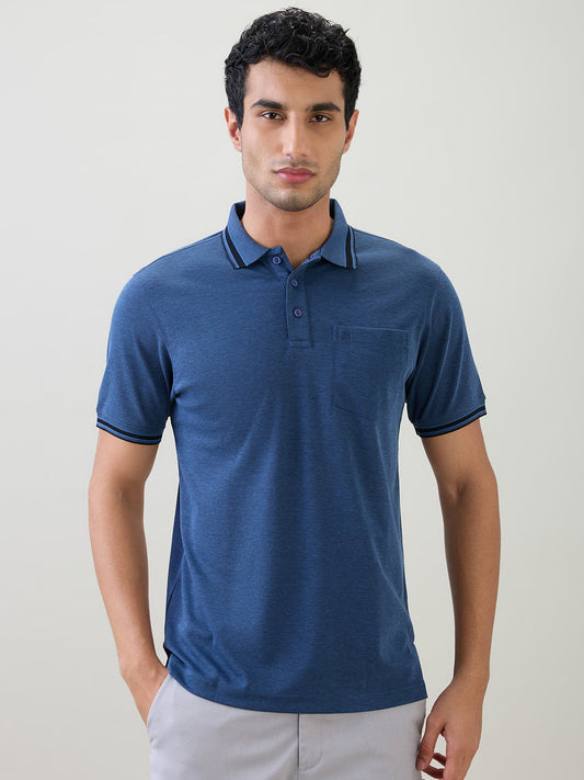 Raymond Men Blue Two Tone Regular Fit Polyester Blend Half Sleeve T-Shirt