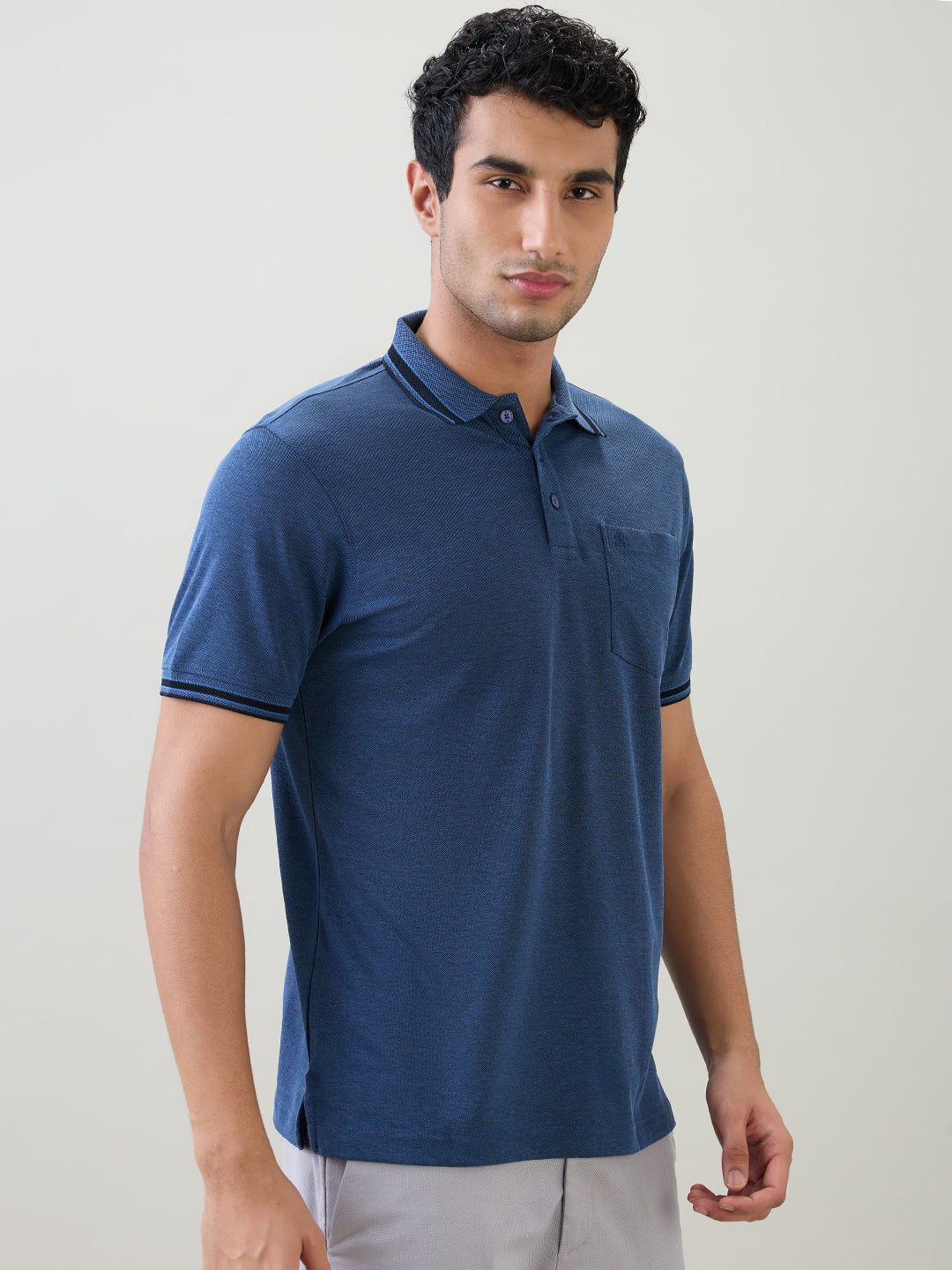 Raymond Men Blue Two Tone Regular Fit Polyester Blend Half Sleeve T-Shirt