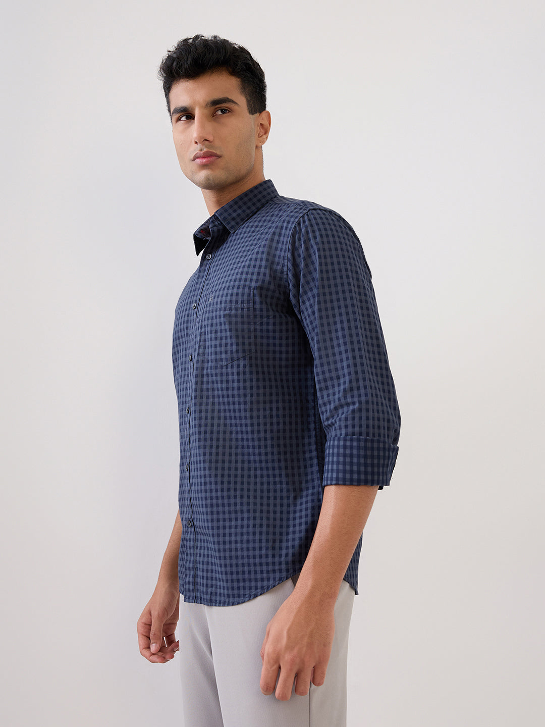 Raymond Men Grey Checks Regular Fit Cotton Full Sleeve Casual Shirt