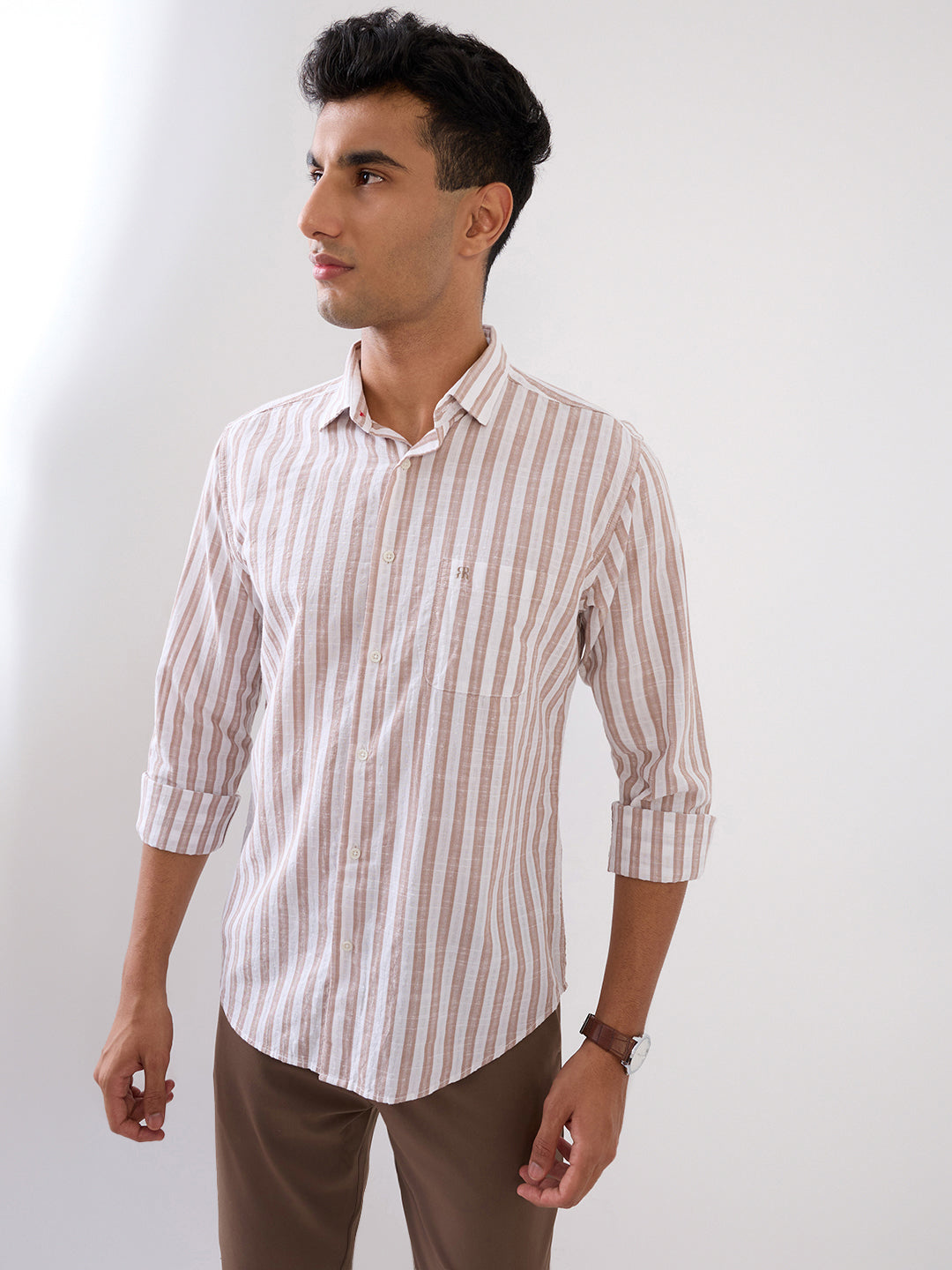 Raymond Men Brown Stripe Regular Fit Cotton Full Sleeve Casual Shirt