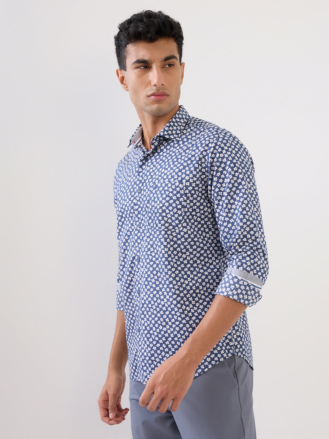 Raymond Men Blue Printed Regular Fit Linen Blend Full Sleeve Casual Shirt