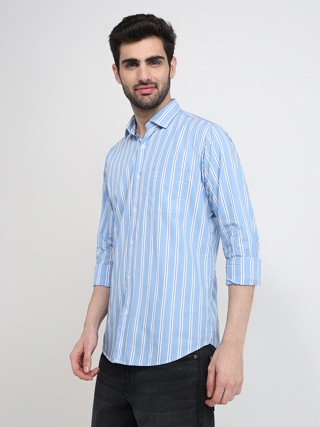 Raymond Men Blue Stripe Slim Fit Cotton Full Sleeve Cut Away Collar Casual Shirt