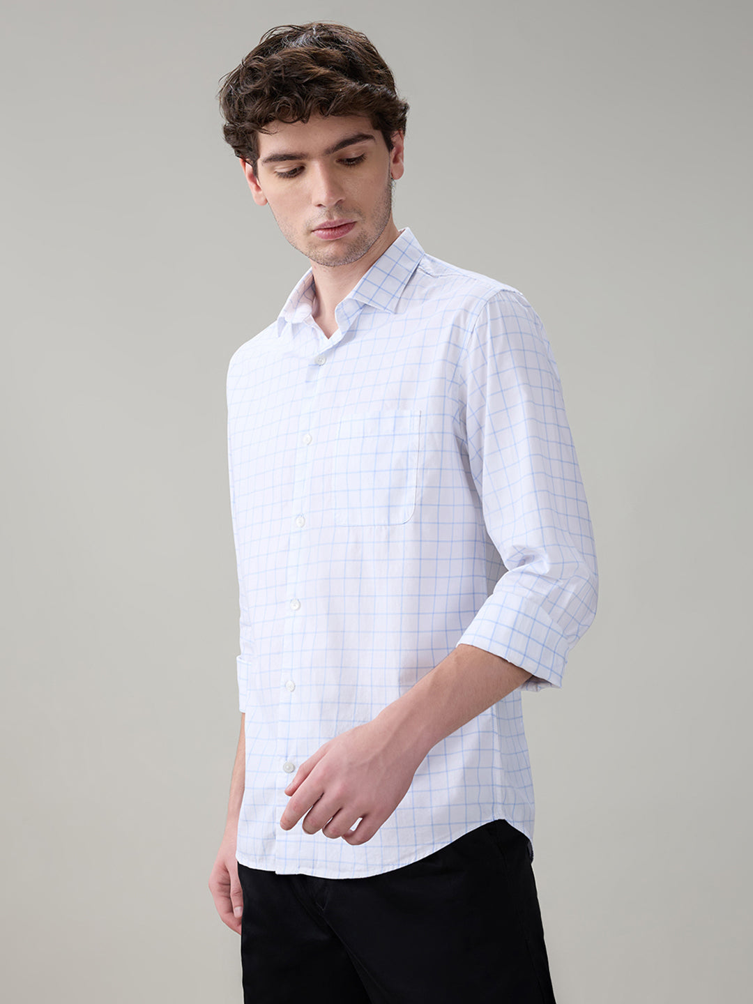 Raymond Men Blue Checks Slim Fit Cotton Full Sleeve Casual Shirt