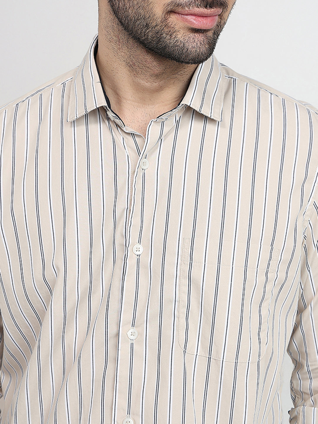 Raymond Men Brown Stripe Regular Fit Cotton Full Sleeve Regular Collar Casual Shirt