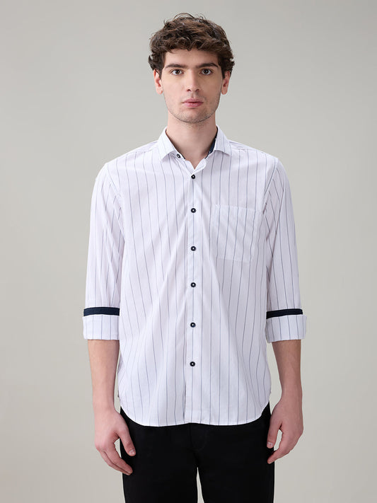 Raymond Men White Stripe Regular Fit Cotton Full Sleeve Casual Shirt
